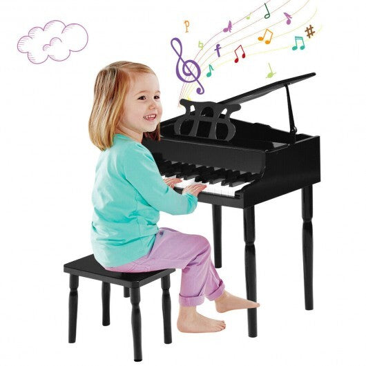 Black 30-key wood toy grand piano for kids with bench and music rack, American Smart brand, suitable for musical play.