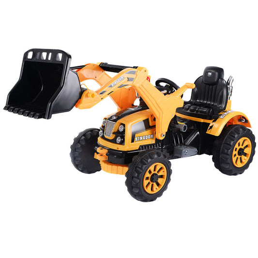 Yellow 12V battery-powered kids ride-on dumper truck by American Smart, featuring realistic design for outdoor play.
