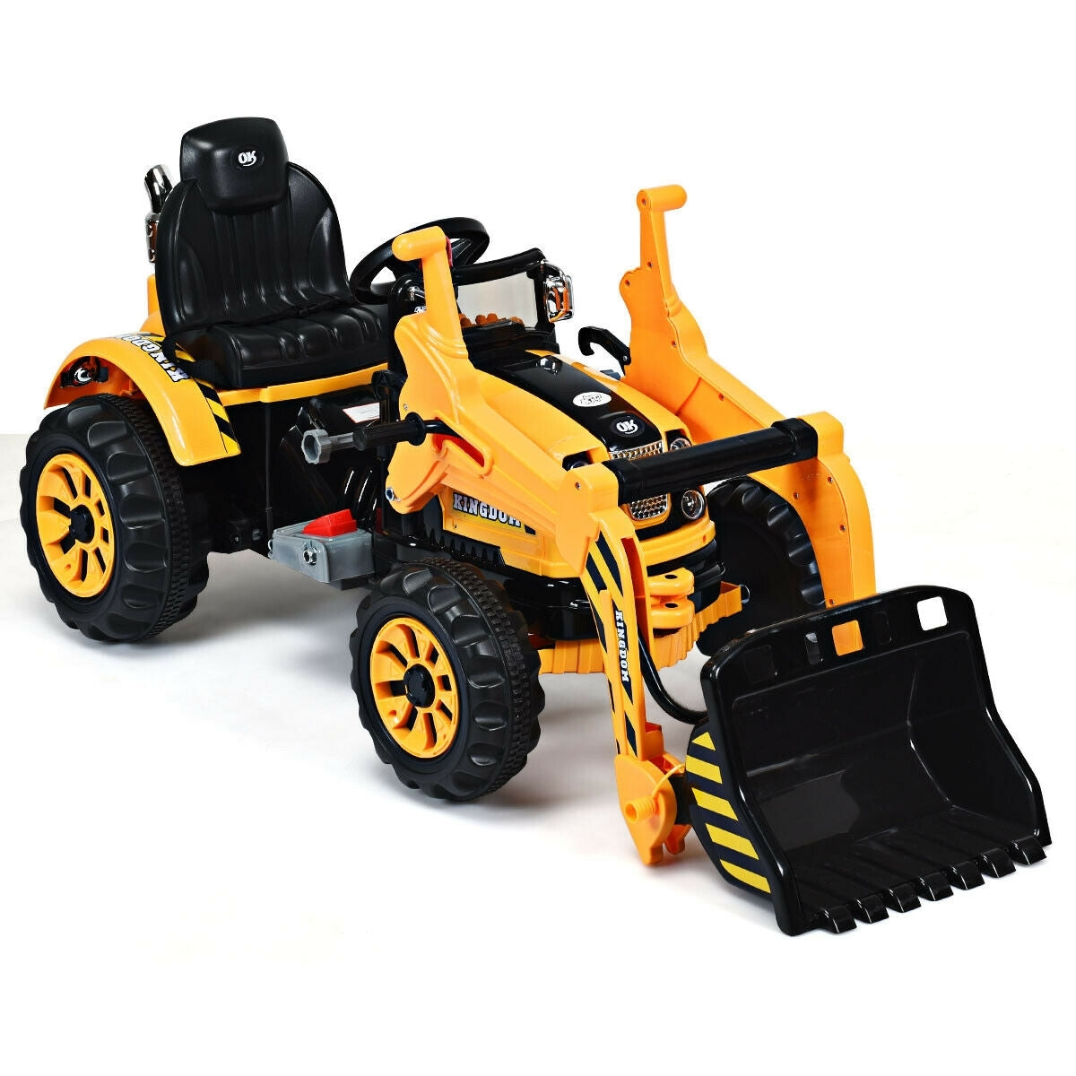 Yellow 12V battery-powered kids ride-on dumper truck from American Smart, designed for outdoor play and kids’ outdoor riding fun.