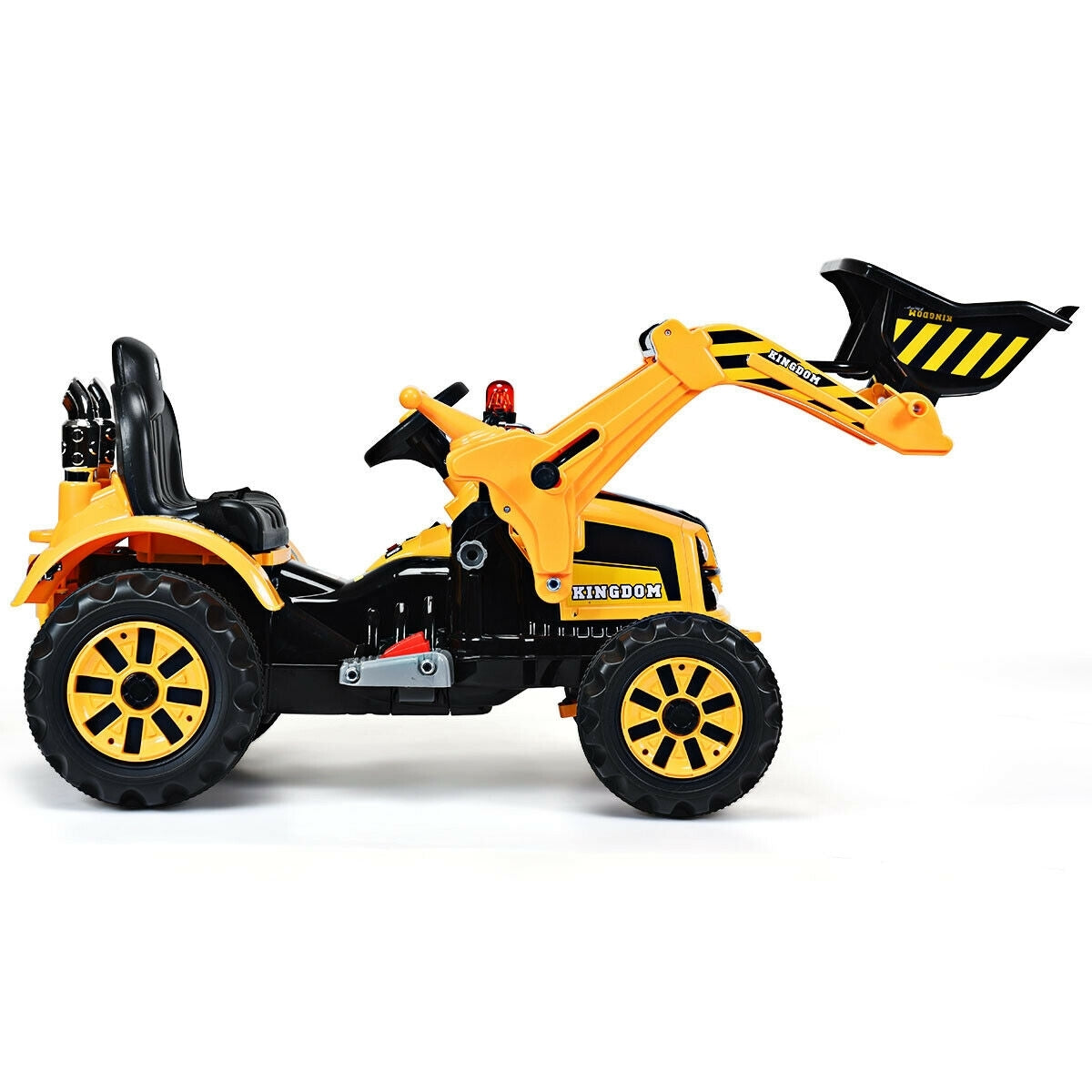 Yellow 12V battery-powered kids ride-on dumper truck by American Smart WB, featuring realistic details and durable construction.