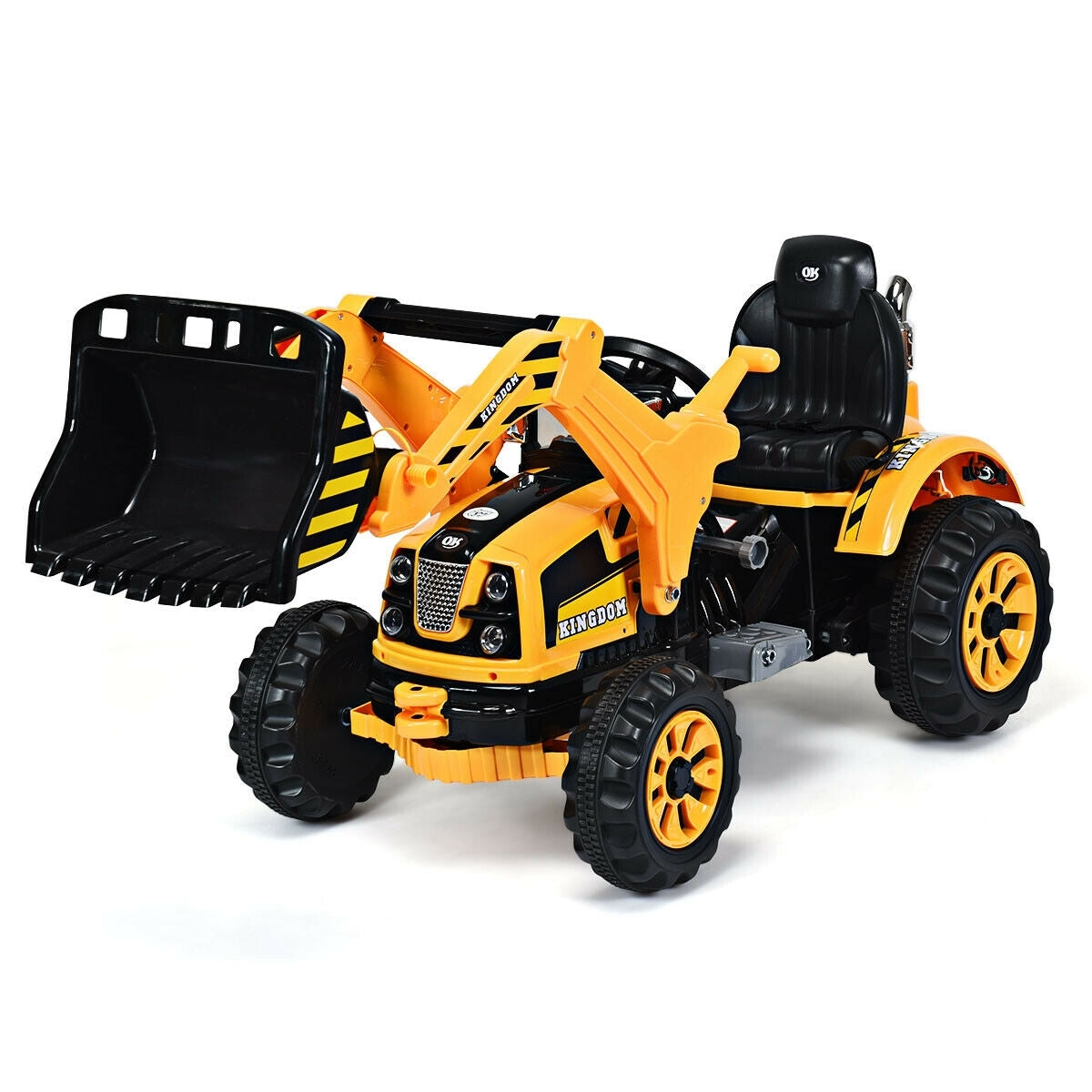 Yellow 12V battery-powered kids ride-on dumper truck toy by American Smart, suitable for outdoor play and imaginative construction fun.