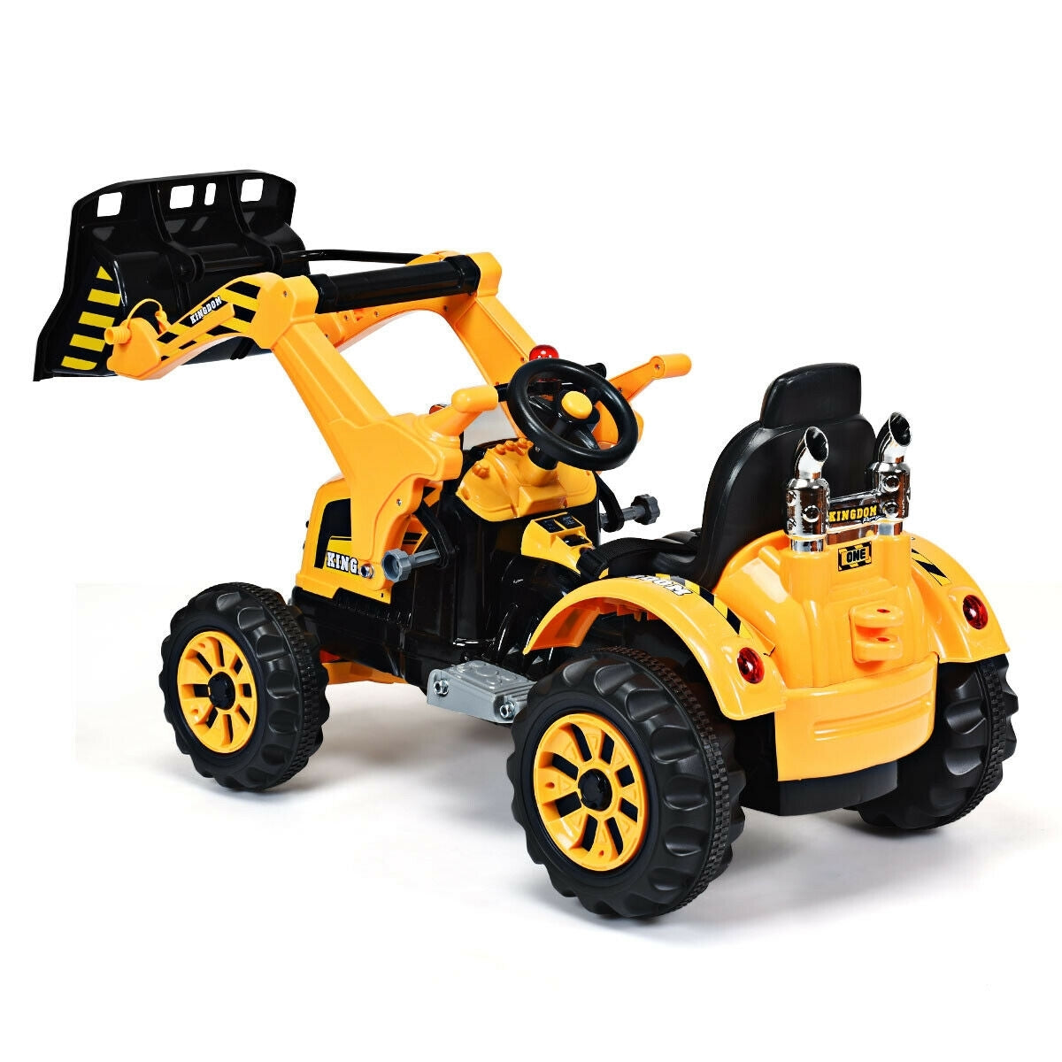 Yellow 12V battery-powered kids ride-on dumper truck by American Smart, featuring realistic dump bed and sturdy construction.