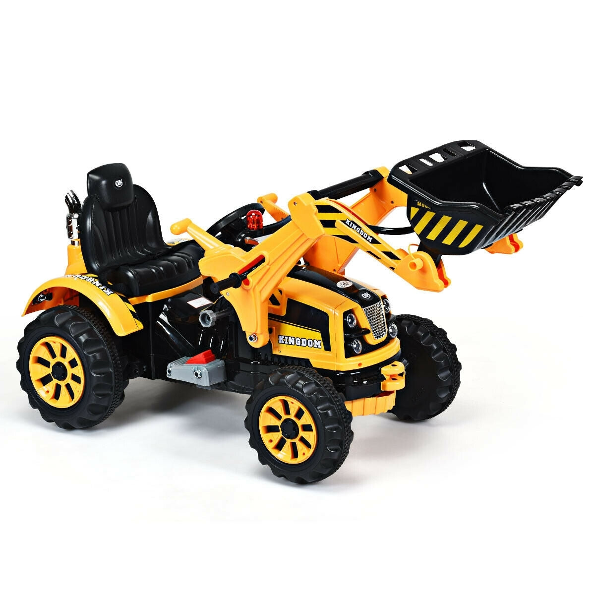 Yellow 12V battery-powered kids ride-on dumper truck by American Smart, detailed yellow toy vehicle for children to play on.