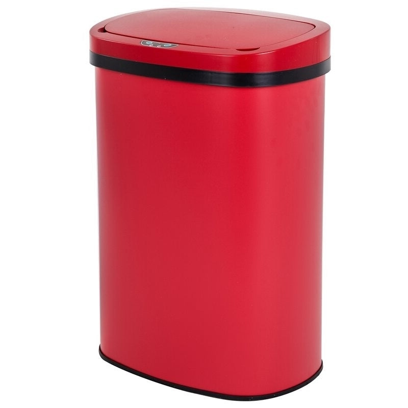 Red 13-gallon stainless steel motion sensor trash can by American Smart with automatic lid and modern design.