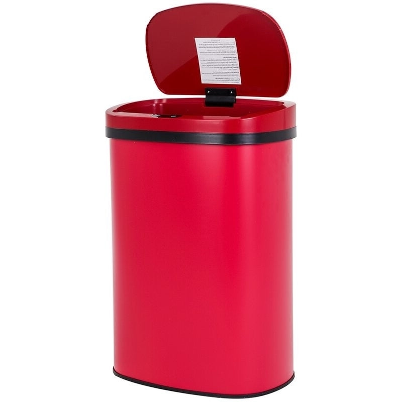Red 13-gallon stainless steel motion sensor trash can by American Smart, featuring automatic lid and modern design.