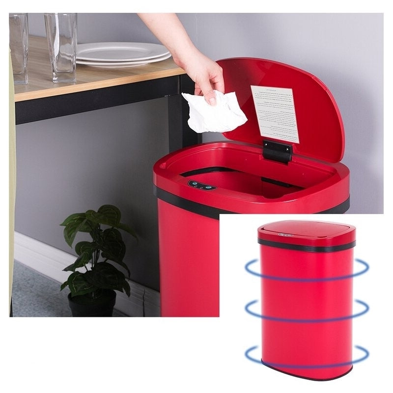 Red 13-gallon stainless steel motion sensor trash can from American Smart, with sleek design and hands-free lid operation.