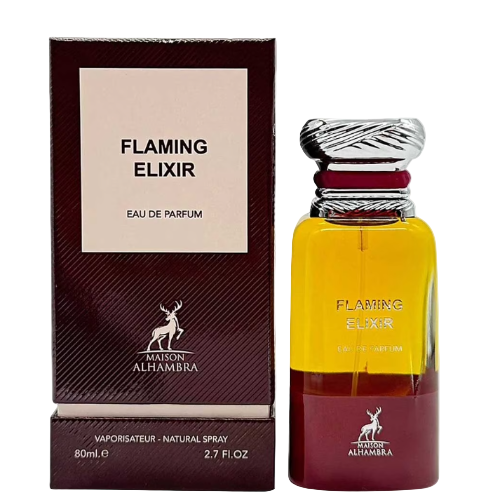 Maison Alhambra Flaming Elixir unisex perfume bottle from American Smart WB, featuring a sleek design and vibrant flame-inspired details.