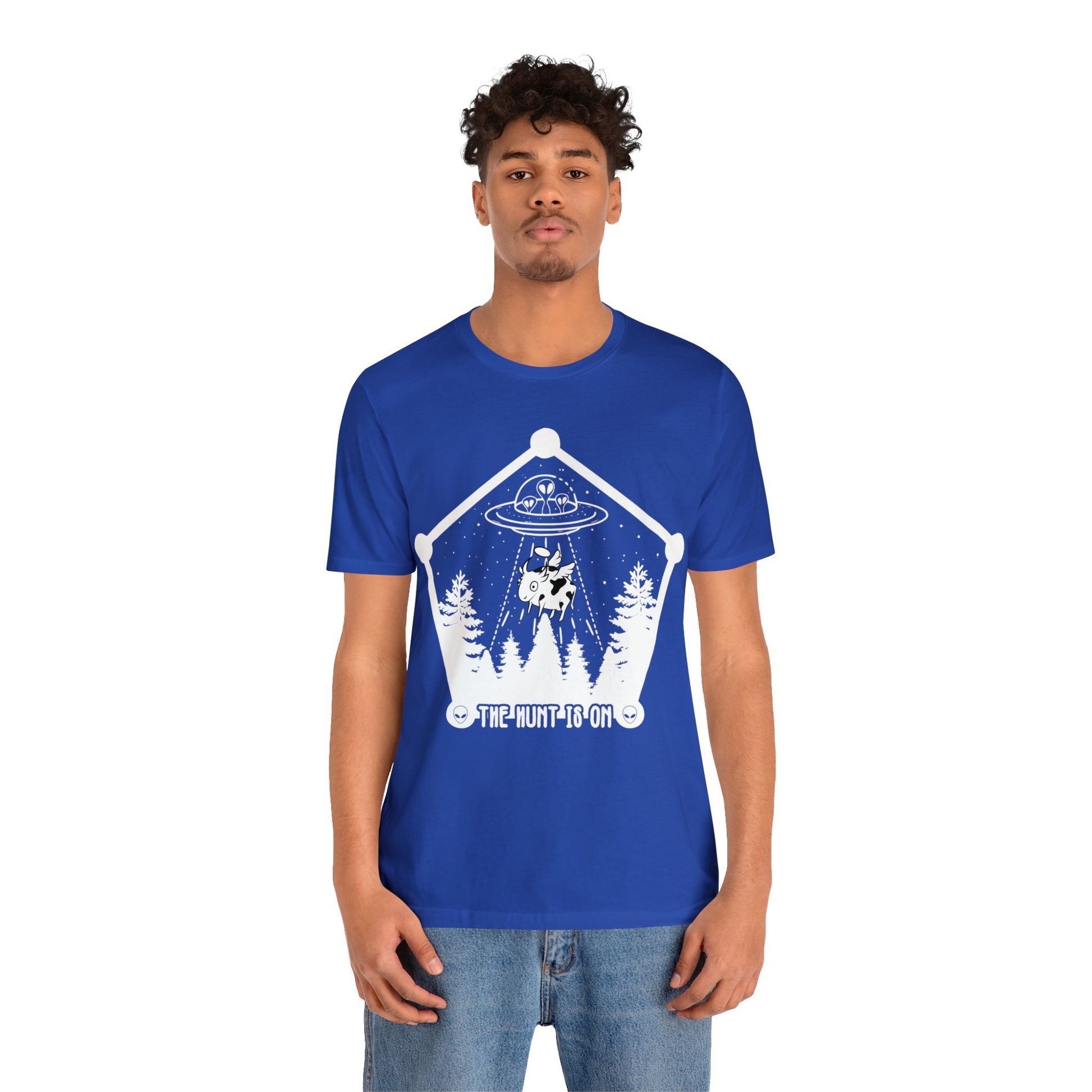 True Royal XL unisex cotton T-shirt by American Smart WB with "The Hunt is On" graphic design displayed on front.