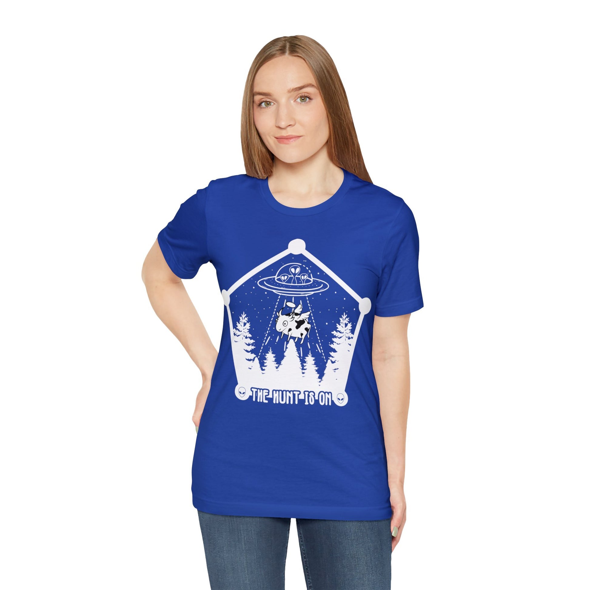 Unisex cotton T-shirt by American Smart WB, True Royal XL, featuring "The Hunt is On" graphic design.