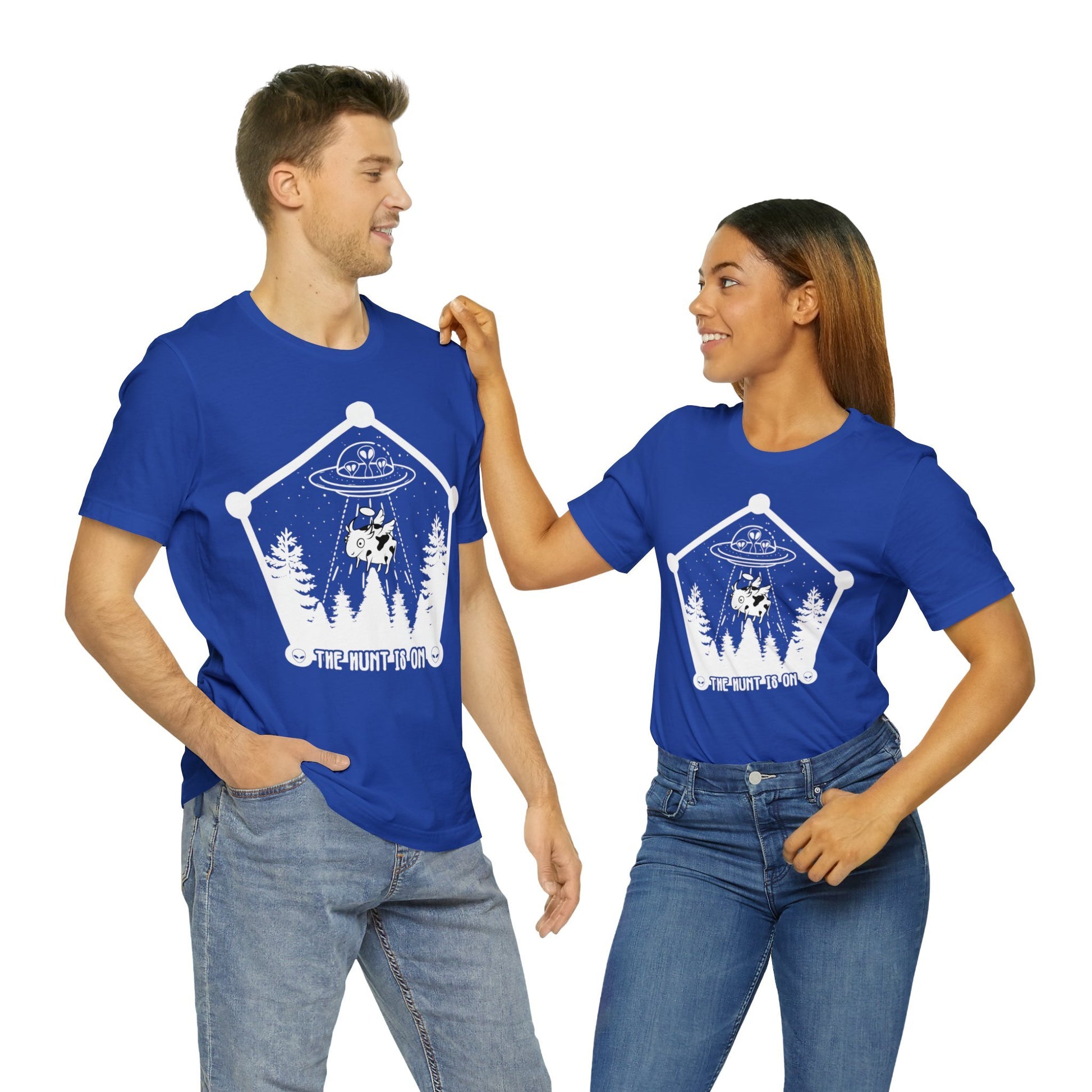 American Smart True Royal XL unisex cotton T-shirt with "The Hunt is On" graphic, showcasing a casual, comfortable fit and design.