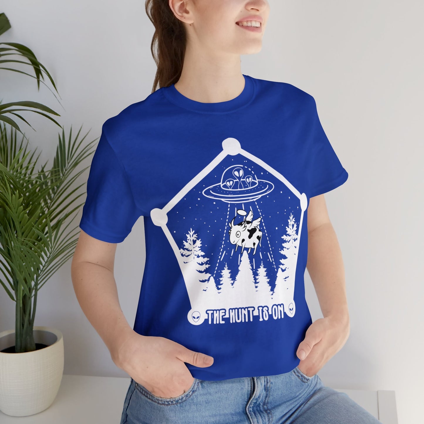 Unisex cotton T-shirt by American Smart WB, True Royal color with "The Hunt is On" graphic design.