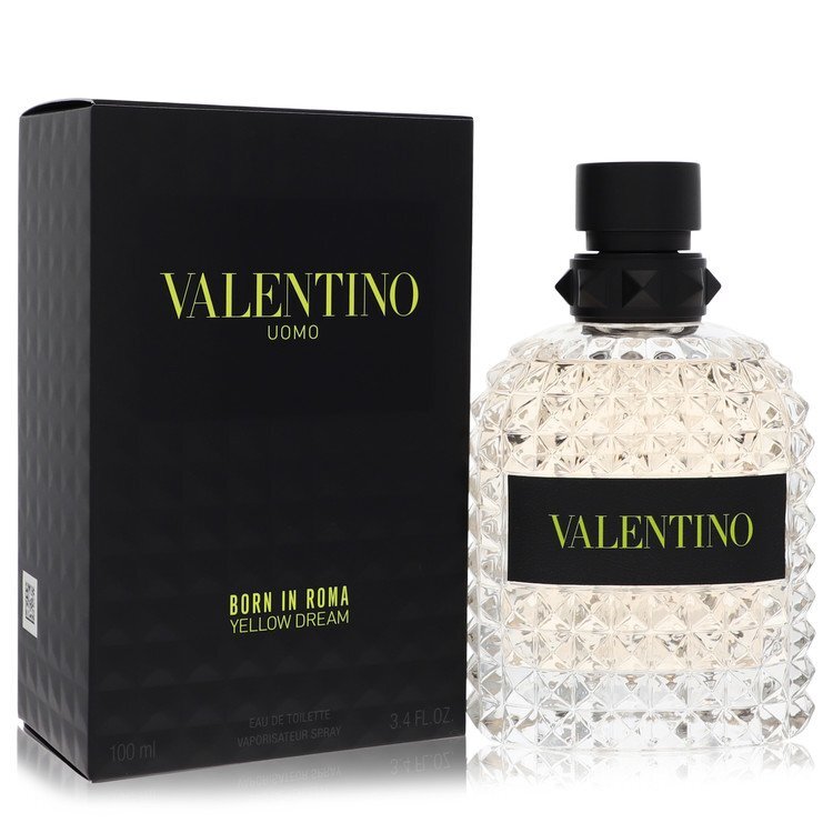 Valentino Uomo Born In Roma Yellow Dream Eau De Toilette spray for men, 3.4 oz, featuring a yellow bottle and elegant design