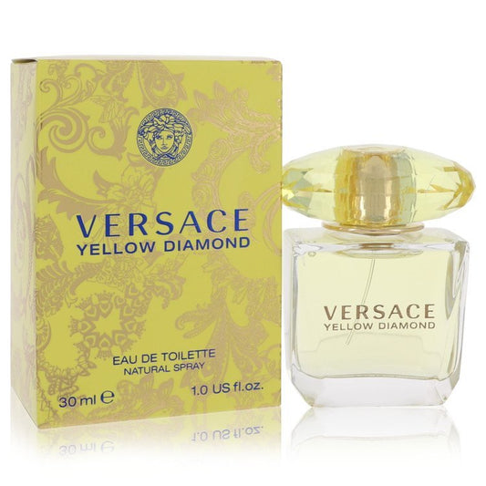 Versace Yellow Diamond Eau de Toilette spray for women, 1 oz bottle, featuring a bright yellow fragrance bottle with Versace branding.
