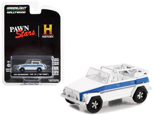 White 1974 Volkswagen Thing (Type 181) diecast model car with blue stripes by Greenlight, part of the "Pawn Stars" Hollywood series.