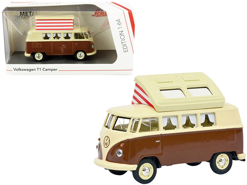 Brown and cream Volkswagen T1 Camper Bus diecast model by Schuco, featuring pop-top roof and detailed exterior in 1/64 scale.