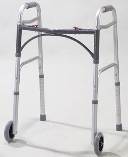 American Smart folding aluminum walker with two buttons and five wheels, designed for adult mobility assistance.