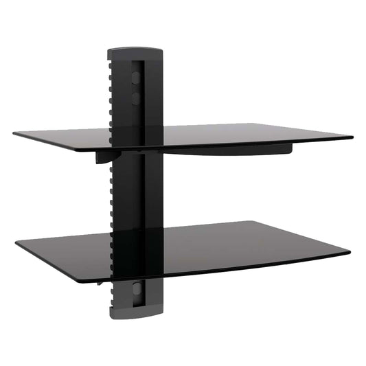 American Smart WB MegaMounts tempered glass double shelf wall mount with single stud installation, showcasing sleek modern design.