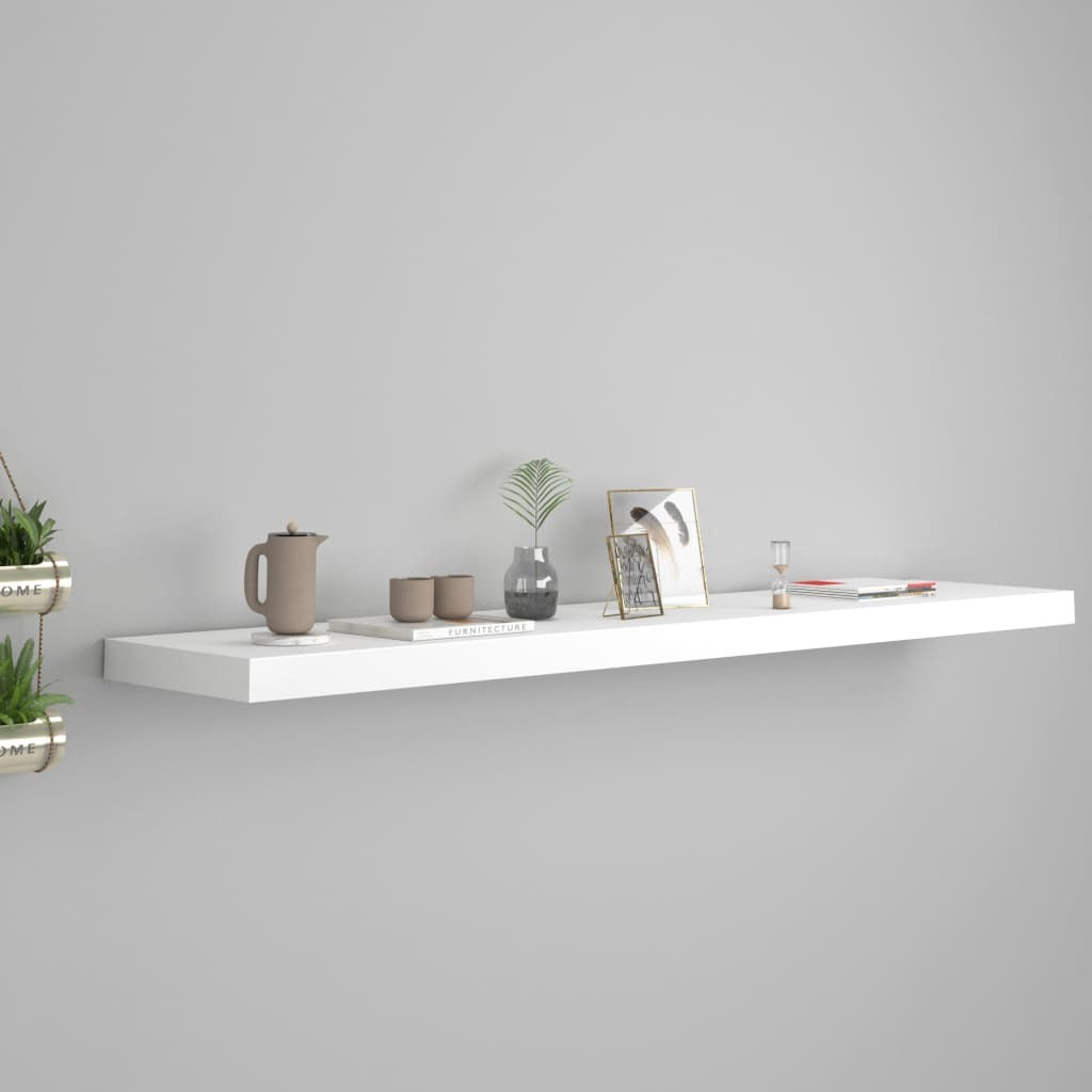 White floating wall shelf by American Smart, 47.2 inches long, 9.3 inches deep, and 1.5 inches thick, made of MDF.