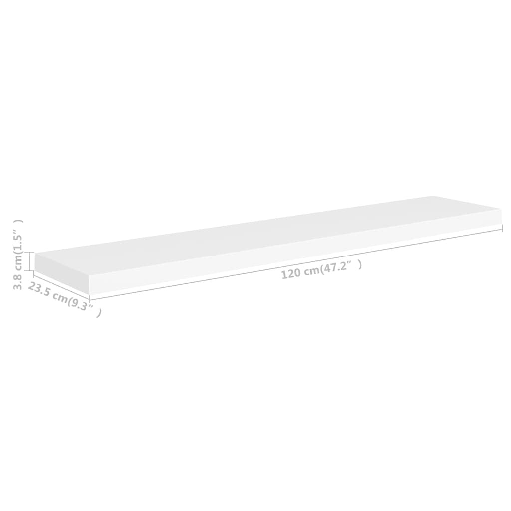 White floating wall shelf by American Smart, 47.2 inches long, 9.3 inches deep, made of MDF, mounted on a wall.