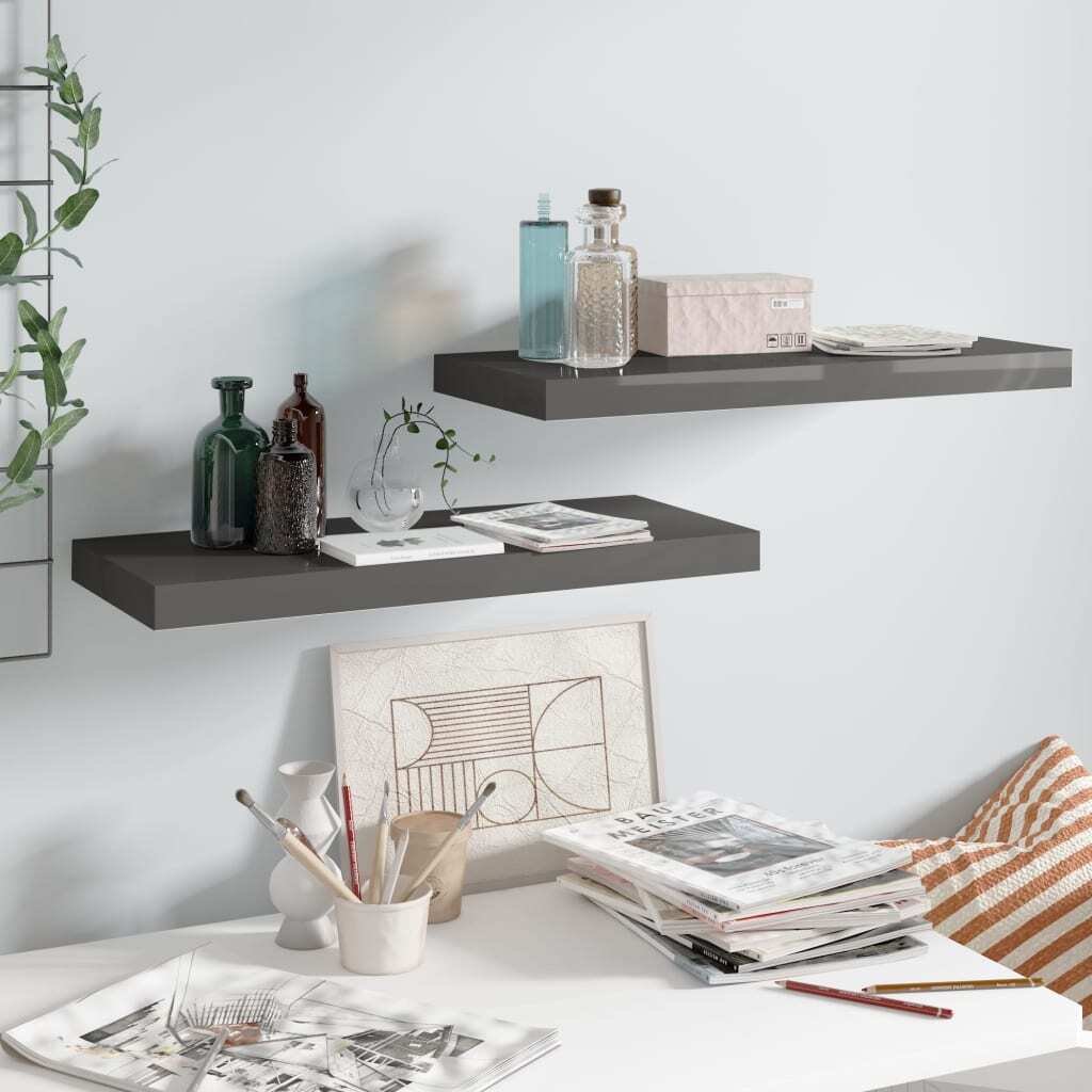 Set of two high gloss gray floating wall shelves from American Smart, MDF, 23.6"x9.3"x1.5" for modern home storage.