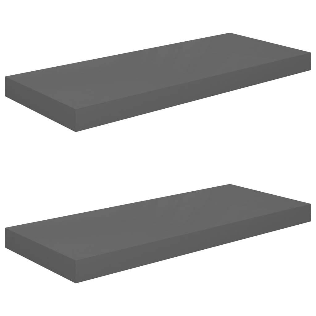 Two high gloss gray floating wall shelves by American Smart, 23.6"x9.3", made of MDF, mounted on a wall for storage or display.