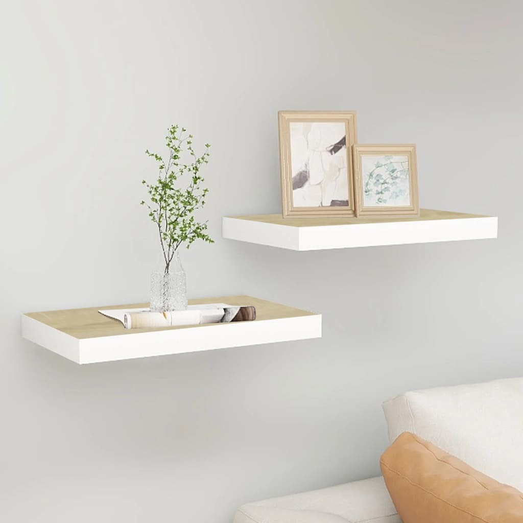 Pair of American Smart oak and white floating wall shelves, 15.7"x9.1"x1.5", made of MDF for modern home storage.