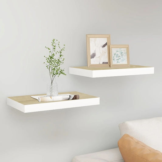 Pair of American Smart oak and white floating wall shelves, 15.7"x9.1"x1.5", made of MDF for modern home storage.