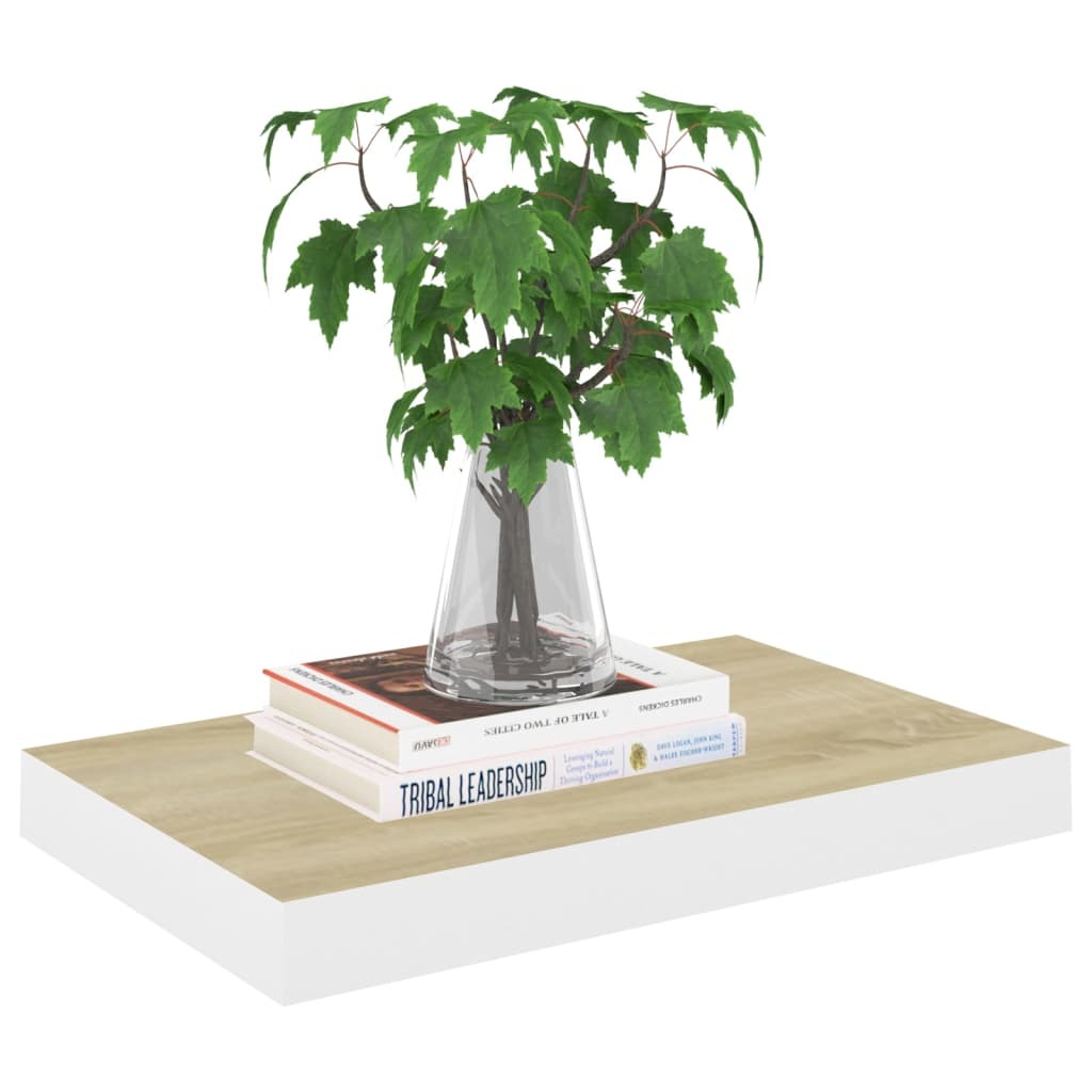 Pair of American Smart oak and white floating wall shelves, 15.7x9.1x1.5 inches, MDF material, mounted on a wall.