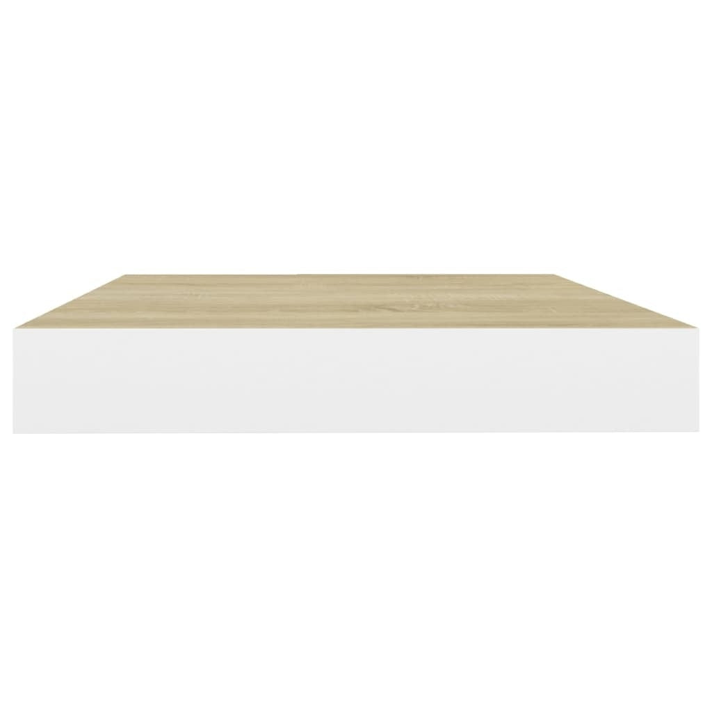 Pair of American Smart oak and white floating wall shelves, 15.7"x9.1", made of MDF, mounted on a wall for storage or display.