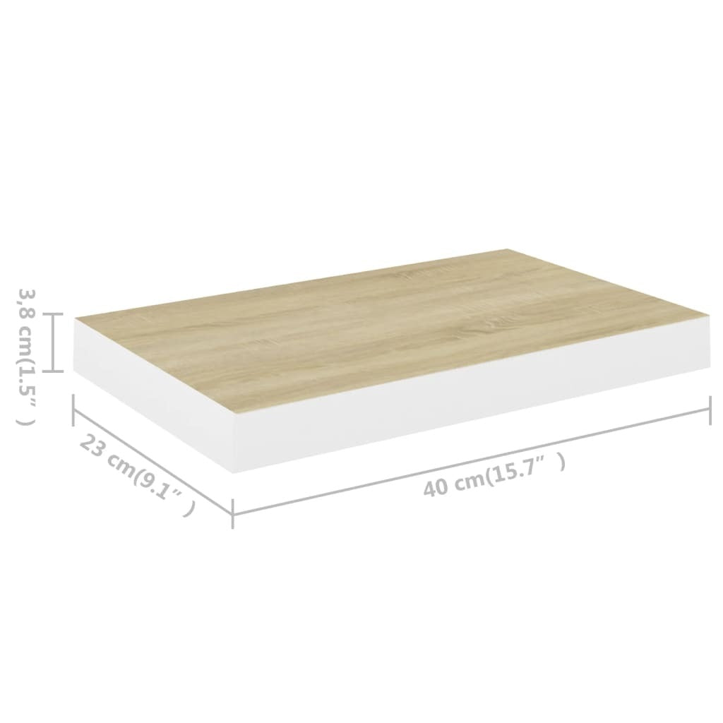 Set of two American Smart oak and white floating wall shelves, 15.7"x9.1"x1.5", made of MDF for stylish storage and display.