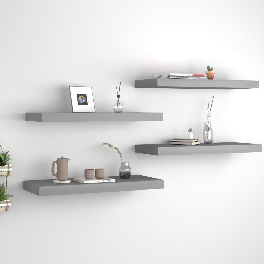 Set of four gray floating wall shelves by American Smart, MDF material, measuring 23.6"x9.3"x1.5" for wall storage and display.