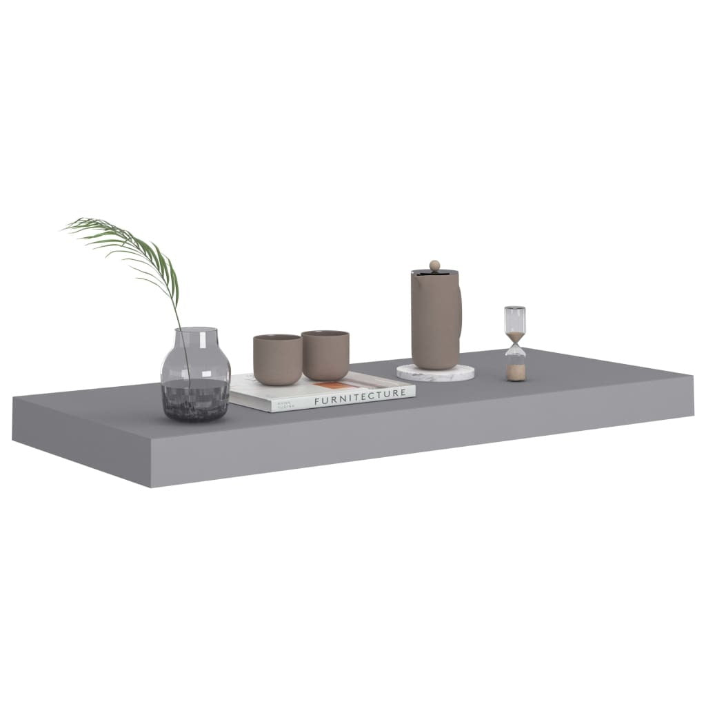 Set of four gray American Smart floating wall shelves made of MDF, 23.6"x9.3"x1.5" for stylish storage and display.