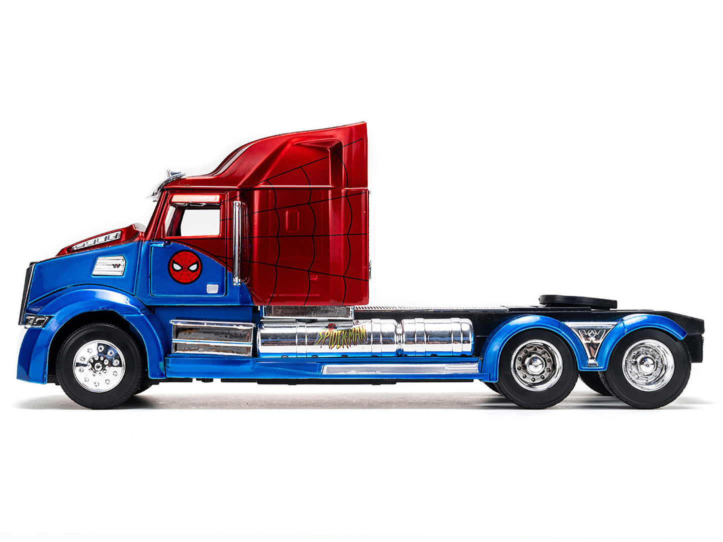 Western Star 57X Spider-Man diecast truck model in blue and red metallic by Jada, part of Hollywood Rides Series 1/24 scale.