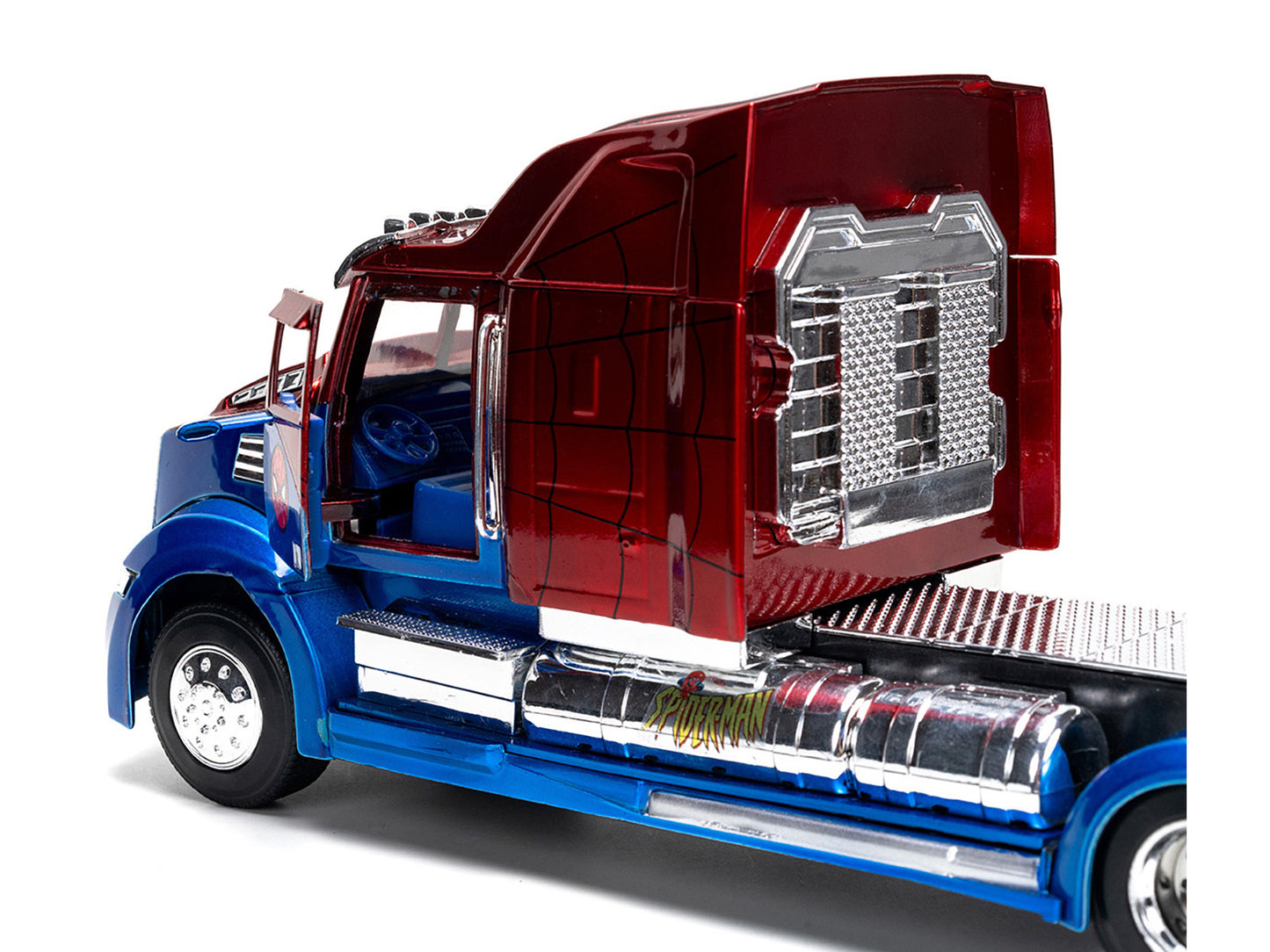 Western Star 57X "Spider-Man" diecast truck model in blue and red metallic finish by American Smart WB, part of Hollywood Rides Series.