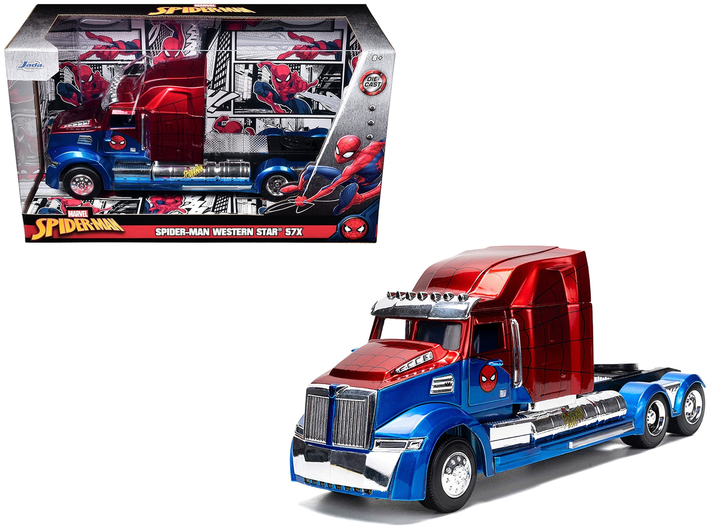 Western Star 57X truck tractor diecast model in blue and red metallic from Hollywood Rides Series by Jada, detailed 1/24 scale.