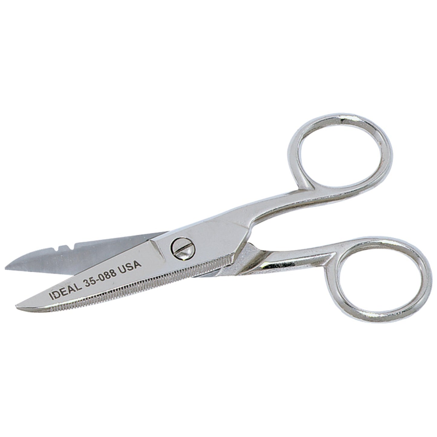 American Smart IDEAL electrician's scissors with stripping notch for wire cutting and stripping in wire running and installation tasks.