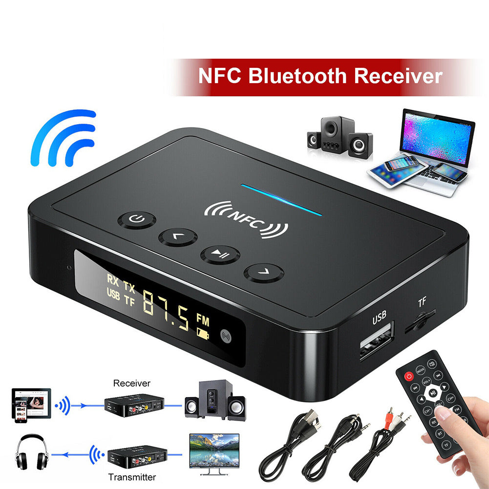 Wireless audio transmitter with LED display, RCA and SPDIF connections, black American Smart WB adapter for seamless wireless audio streaming.