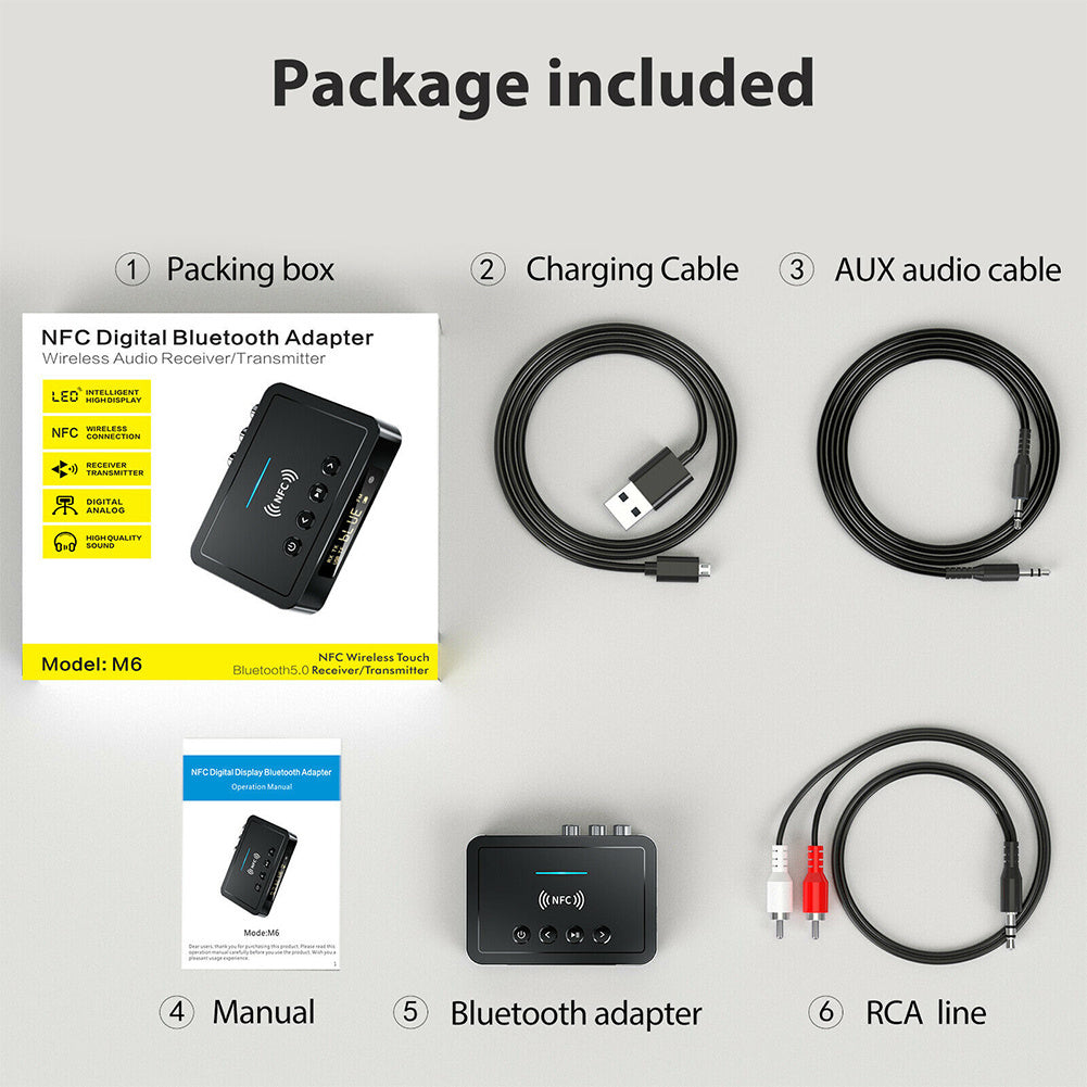 Black wireless audio transmitter adapter with LED display, RCA and SPDIF connections, suitable for TV and audio devices.