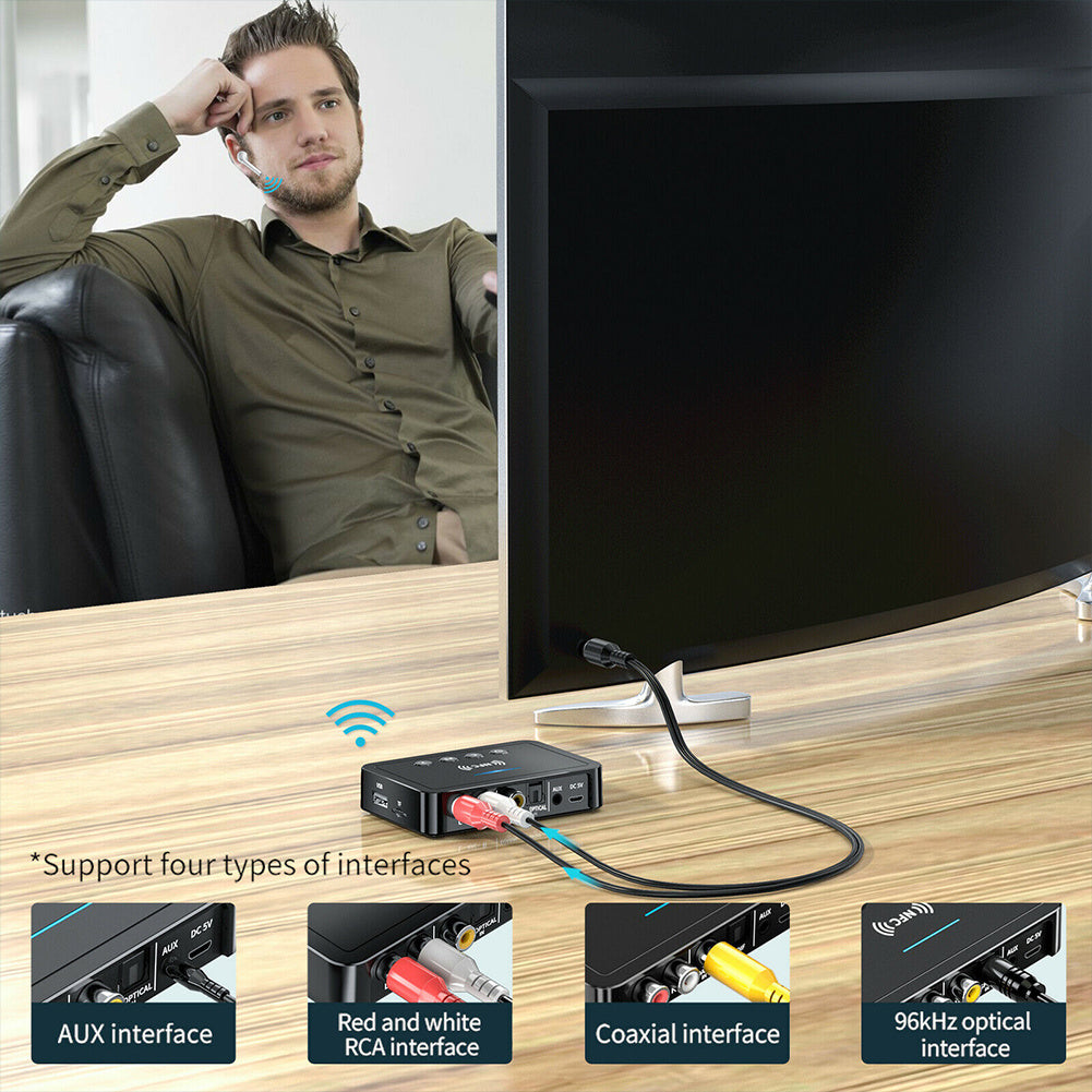 Wireless audio transmitter adapter with LED display, RCA and SPDIF connections, black American Smart WB wireless adapter.