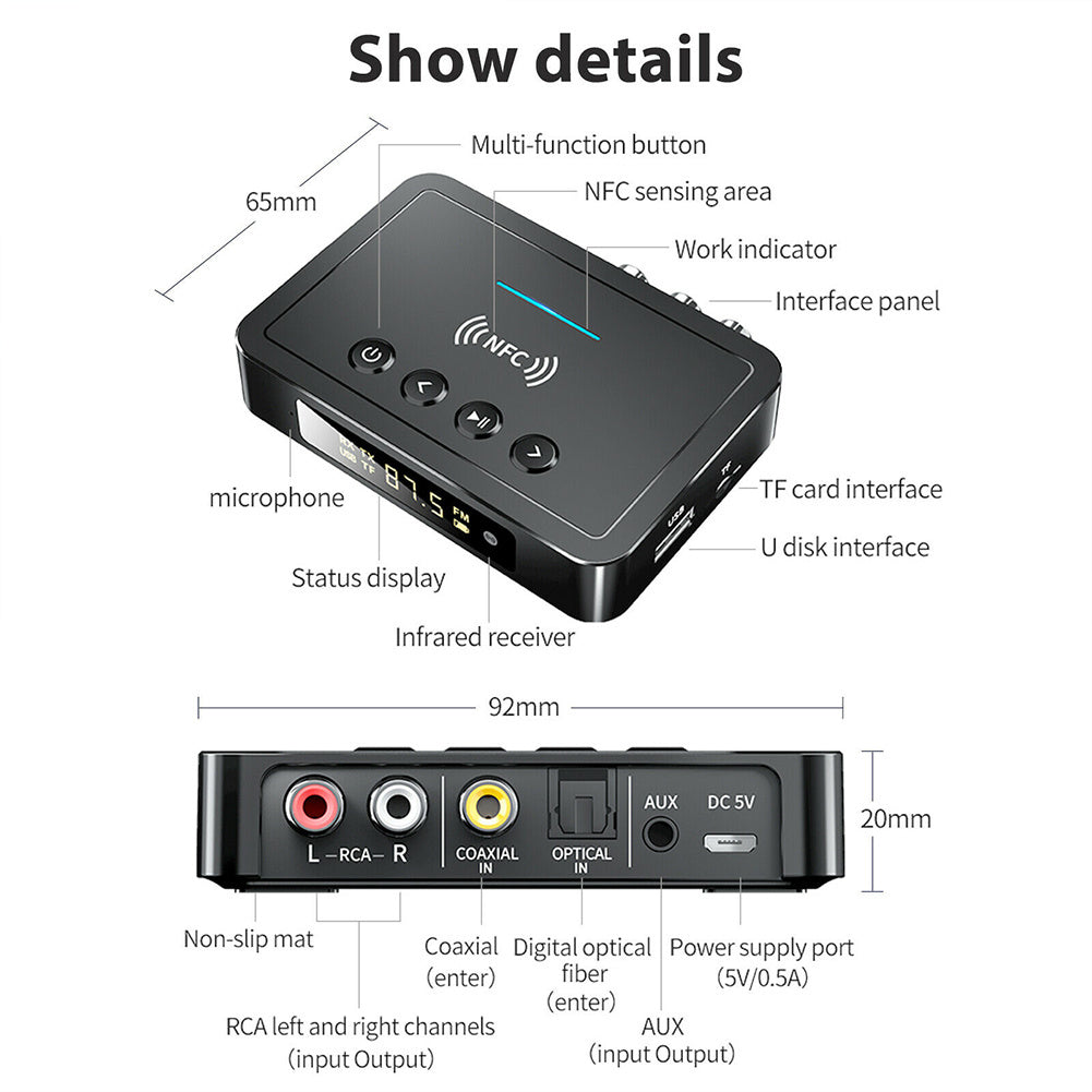 Black American Smart wireless audio transmitter with LED display, RCA, AUX, SPDIF, and FM connection adapter for seamless audio streaming.