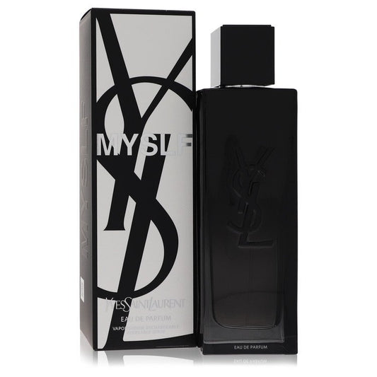 Yves Saint Laurent Myslf Eau De Parfum spray for men, 3.4 oz, refillable bottle, stylish design, brand logo visible.