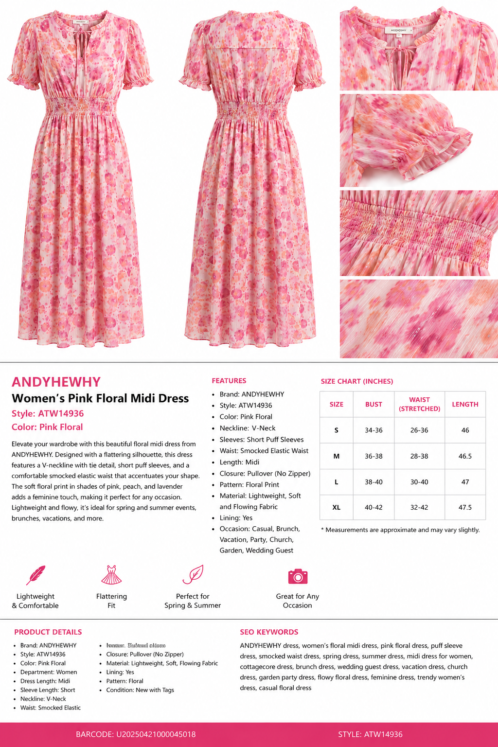 And The Why Womens Smocked Waist Printed Midi Dress Pink Floral Puff Sleeve NWT - American Smart