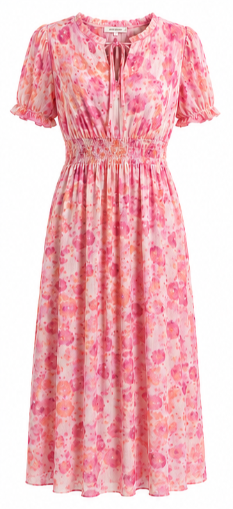 And The Why Womens Smocked Waist Printed Midi Dress Pink Floral Puff Sleeve NWT - American Smart