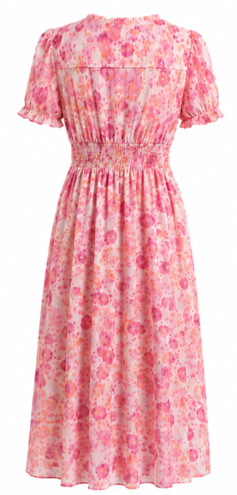 And The Why Womens Smocked Waist Printed Midi Dress Pink Floral Puff Sleeve NWT - American Smart