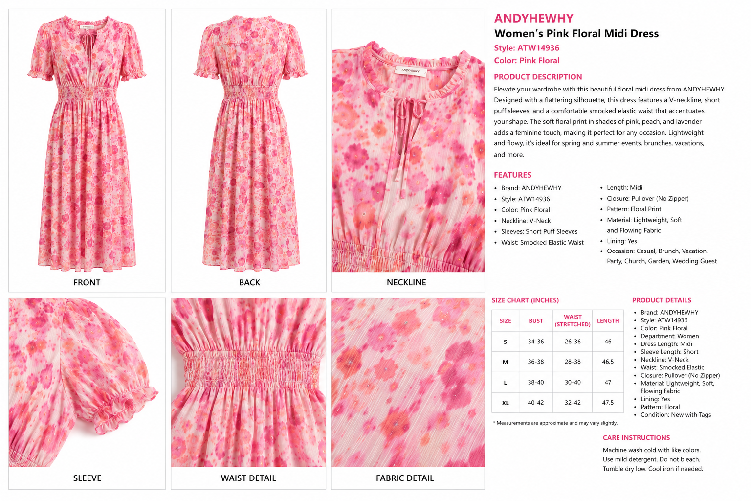 And The Why Womens Smocked Waist Printed Midi Dress Pink Floral Puff Sleeve NWT - American Smart