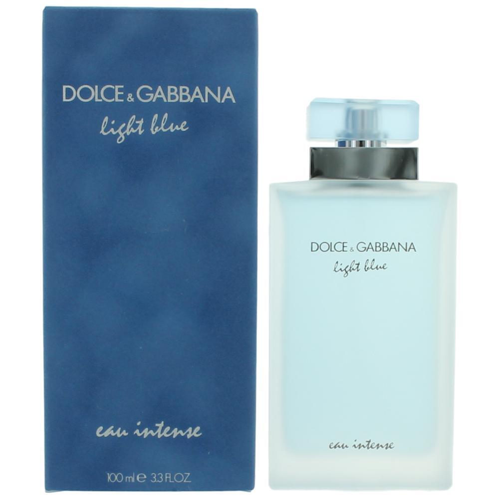 Light Blue Eau Intense by Dolce & Gabbana 3.3 oz Eau de Parfum spray for women, featuring a sleek perfume bottle with a light blue hue.