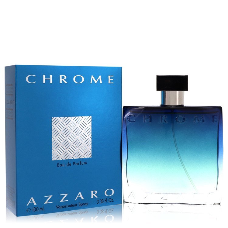 Azzaro Chrome Eau de Parfum spray for men, 3.4 oz bottle with sleek chrome design and label, showcasing the fragrance packaging.