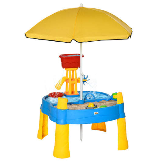 2-in-1 Covered Sandbox Table with Umbrella for Outdoors and Indoors, 25-Piece Sand and Water Table for Toddlers, Little Kids Toys