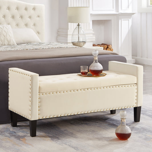 Upholstered Tufted Button Storage Bench with nails trim,Entryway Living Room Soft Padded Seat with Armrest,Bed Bench - Cream
