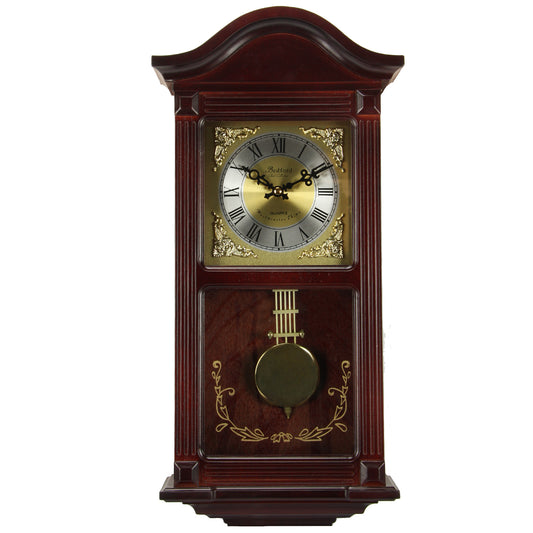 Bedford Clock Collection 22-inch wall clock in Mahogany Cherry Oak wood with brass pendulum and four chimes.